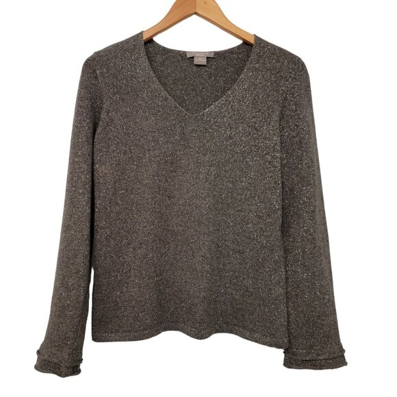 Ann Taylor Cashmere Sweater V-Neck Black Silver Metallic Sz PM Long Sleeve - Picture 1 of 6